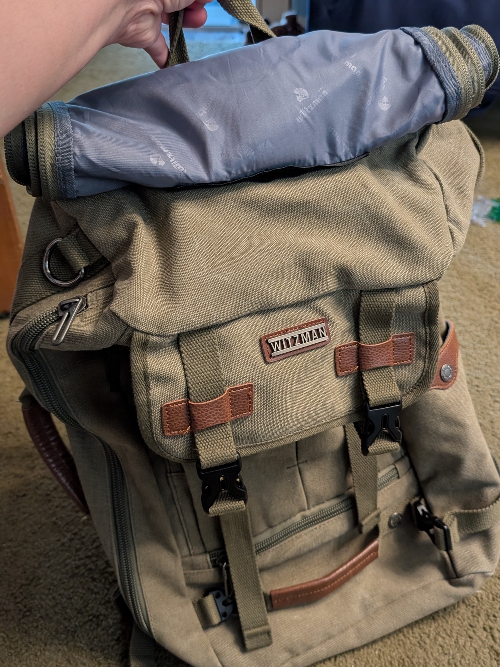 Canvas Travel Backpack in Khaki with Leather Accents - Picture 13 of 13